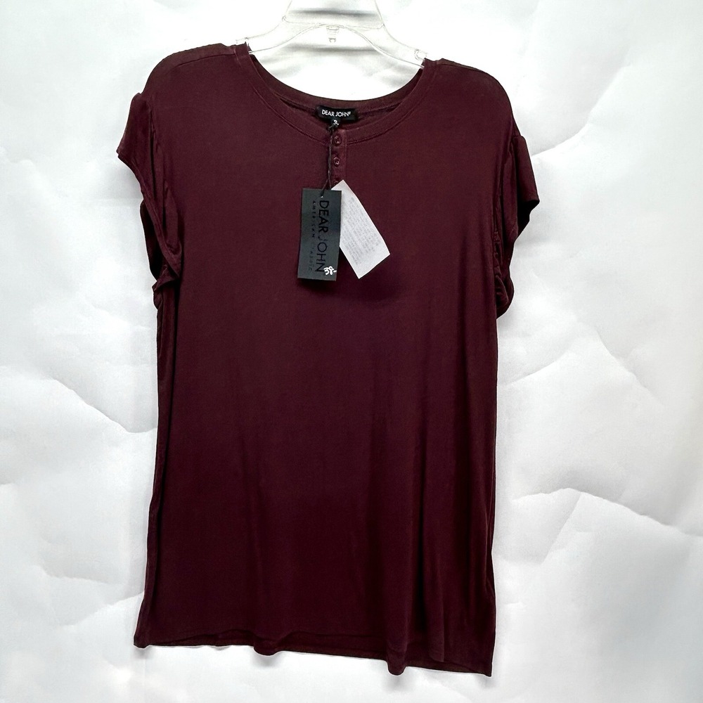 Dear John Women's XL 3 Button Short Sleeve Wine Colored T-Shirt New (UB)